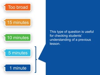 Too broad 
15 minutes 
10 minutes 
5 minutes 
1 minute 
 