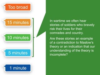 self-actualisation 
esteem 
social 
safety 
physiological 
According to 
Maslow’s Hierarchy 
of Needs, 
needs on the lower levels must 
be satisfied before an individual 
can feel strong motivation to 
satisfy the needs at a higher 
level. 
 