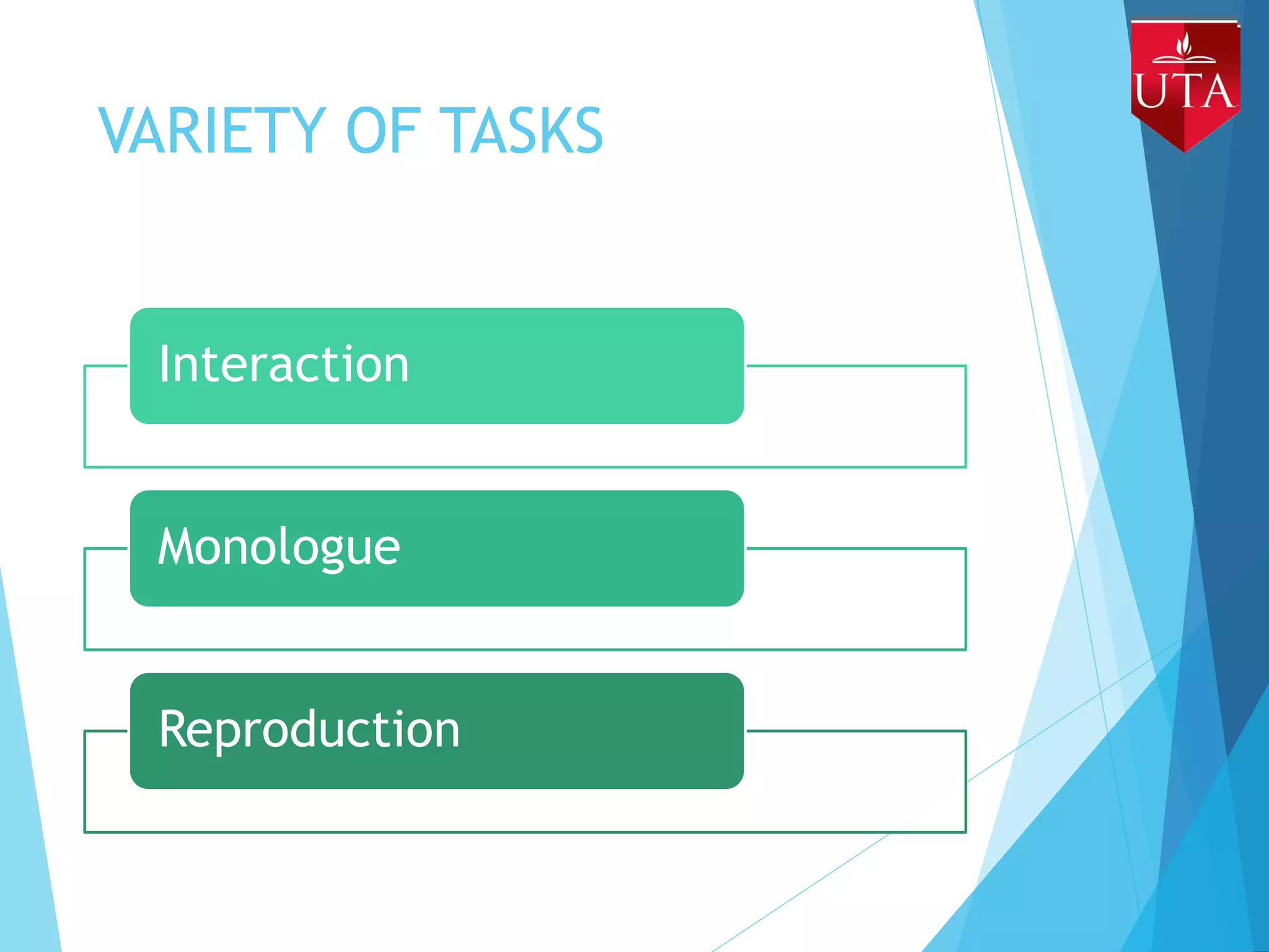 VARIETY OF TASKS
Interaction
Monologue
Reproduction
 