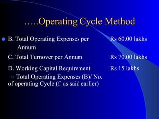 …..Operating Cycle Method
 B. Total Operating Expenses per

Rs 60.00 lakhs

Annum
C. Total Turnover per Annum

Rs 70.00 lakhs

D. Working Capital Requirement
= Total Operating Expenses (B)/ No.
of operating Cycle (f as said earlier)

Rs 15 lakhs

 