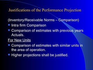 Justifications of the Performance Projection
(Inventory/Receivable Norms – Comparison)
 Intra firm Comparison
 Comparison of estimates with previous years
Actuals.
For New Units
 Comparison of estimates with similar units in
the area of operation.
 Higher projections shall be justified.

 