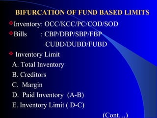 BIFURCATION OF FUND BASED LIMITS
Inventory:

OCC/KCC/PC/COD/SOD
Bills
: CBP/DBP/SBP/FBP
CUBD/DUBD/FUBD
 Inventory Limit
A. Total Inventory
B. Creditors
C. Margin
D. Paid Inventory (A-B)
E. Inventory Limit ( D-C)
(Cont…)

 