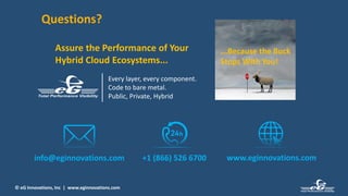 © eG Innovations, Inc | www.eginnovations.com© eG Innovations, Inc | www.eginnovations.com
+1 (866) 526 6700 www.eginnovations.cominfo@eginnovations.com
Assure the Performance of Your
Hybrid Cloud Ecosystems...
...Because the Buck
Stops With You!
Every layer, every component.
Code to bare metal.
Public, Private, Hybrid
Questions?
 