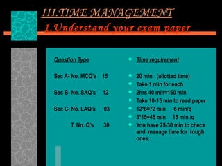III.TIME MANAGEMENT
1.Understand your exam paper

 Question Type              Time requirement

 Sec A- No. MCQ’s 15        20 min (allotted time)
                            Take 1 min for each
 Sec B- No. SAQ’s   12      2hrs 40 min=160 min
                            Take 10-15 min to read paper
 Sec C- No. LAQ’s   03      12*6=72 min 6 min/q
                            3*15=45 min 15 min /q
       T. No. Q’s   30      You have 25-30 min to check
                             and manage time for tough
                             ones.
 