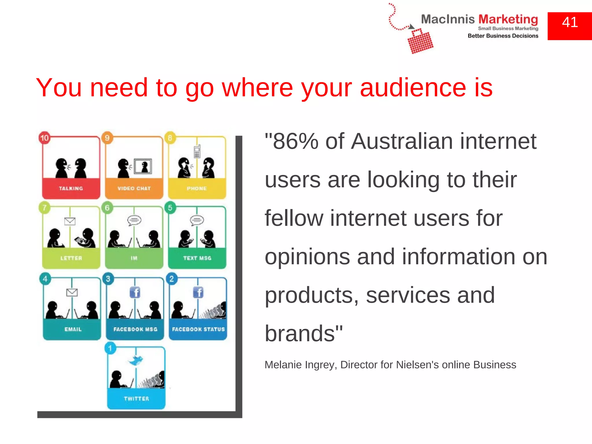 You need to go where your audience is &quot;86% of Australian internet users are looking to their fellow internet users for opinions and information on products, services and brands&quot; Melanie Ingrey, Director for Nielsen's online Business 41 