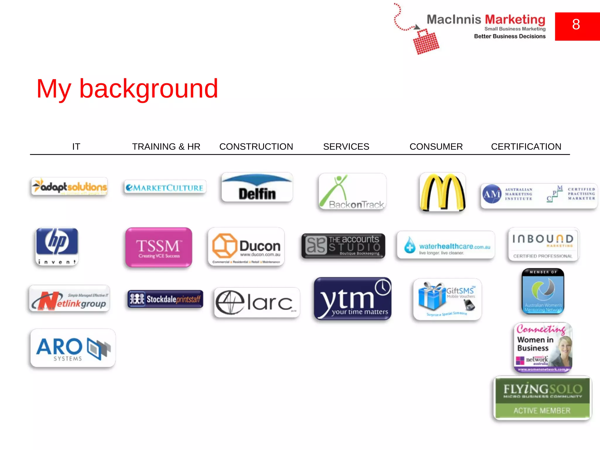 My background 8 IT TRAINING & HR CONSTRUCTION SERVICES CONSUMER CERTIFICATION 