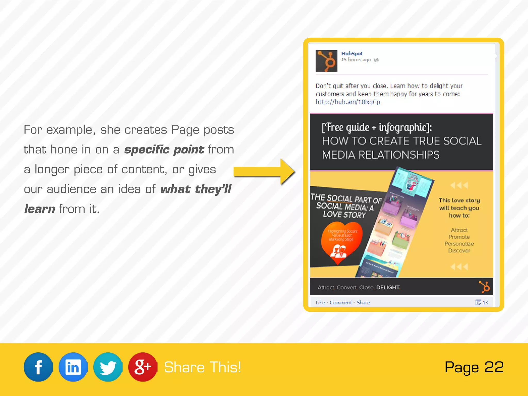 For example, she creates Page posts
that hone in on a specific point from
a longer piece of content, or gives
our audience an idea of what they’ll
learn from it.
Page 22Share This!
 