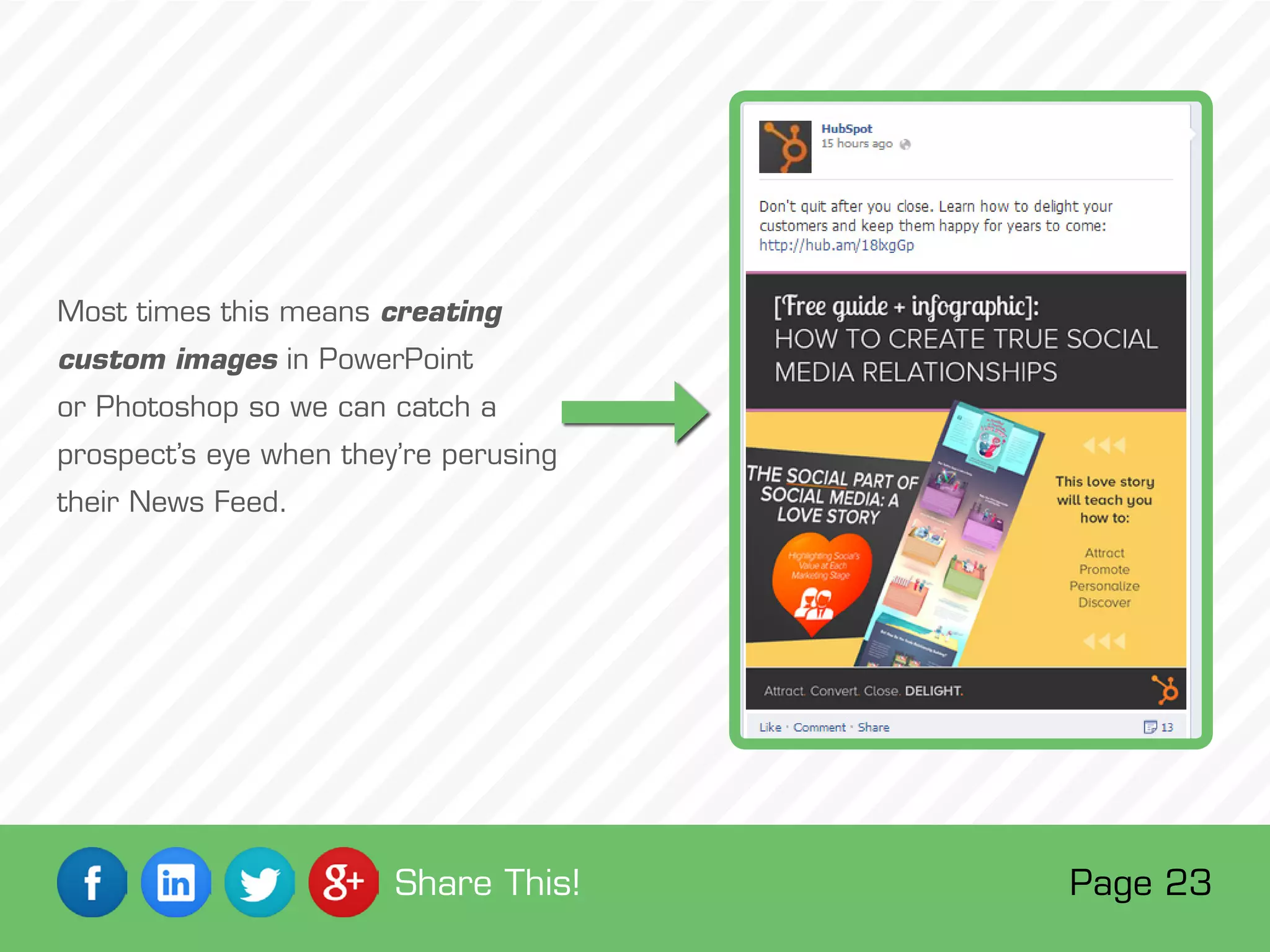 Most times this means creating
custom images in PowerPoint
or Photoshop so we can catch a
prospect’s eye when they’re perusing
their News Feed.
Page 23Share This!
 