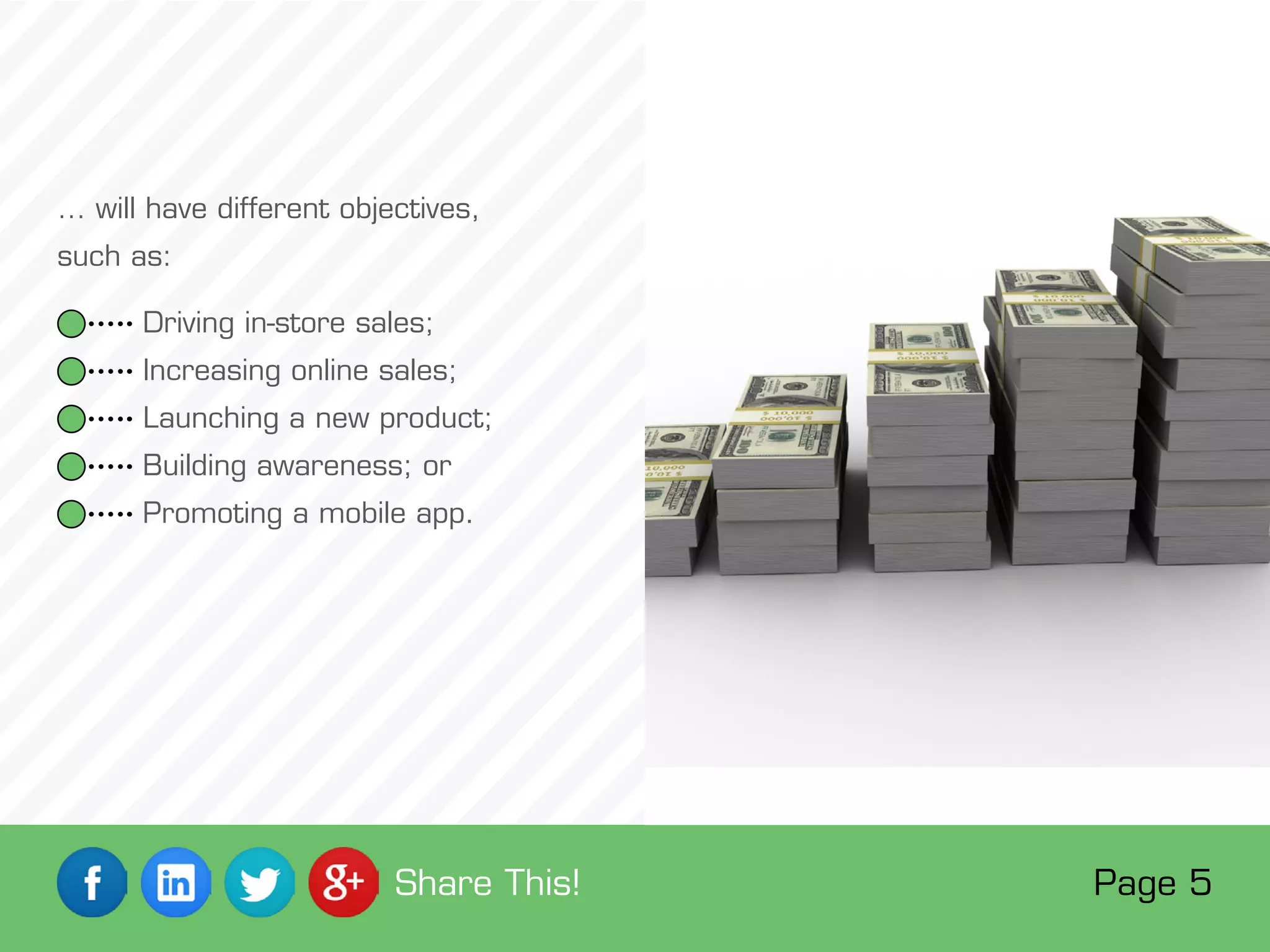 … will have different objectives,
such as:
 Driving in-store sales;
 Increasing online sales;
 Launching a new product;
 Building awareness; or
 Promoting a mobile app.
Page 5Share This!
 