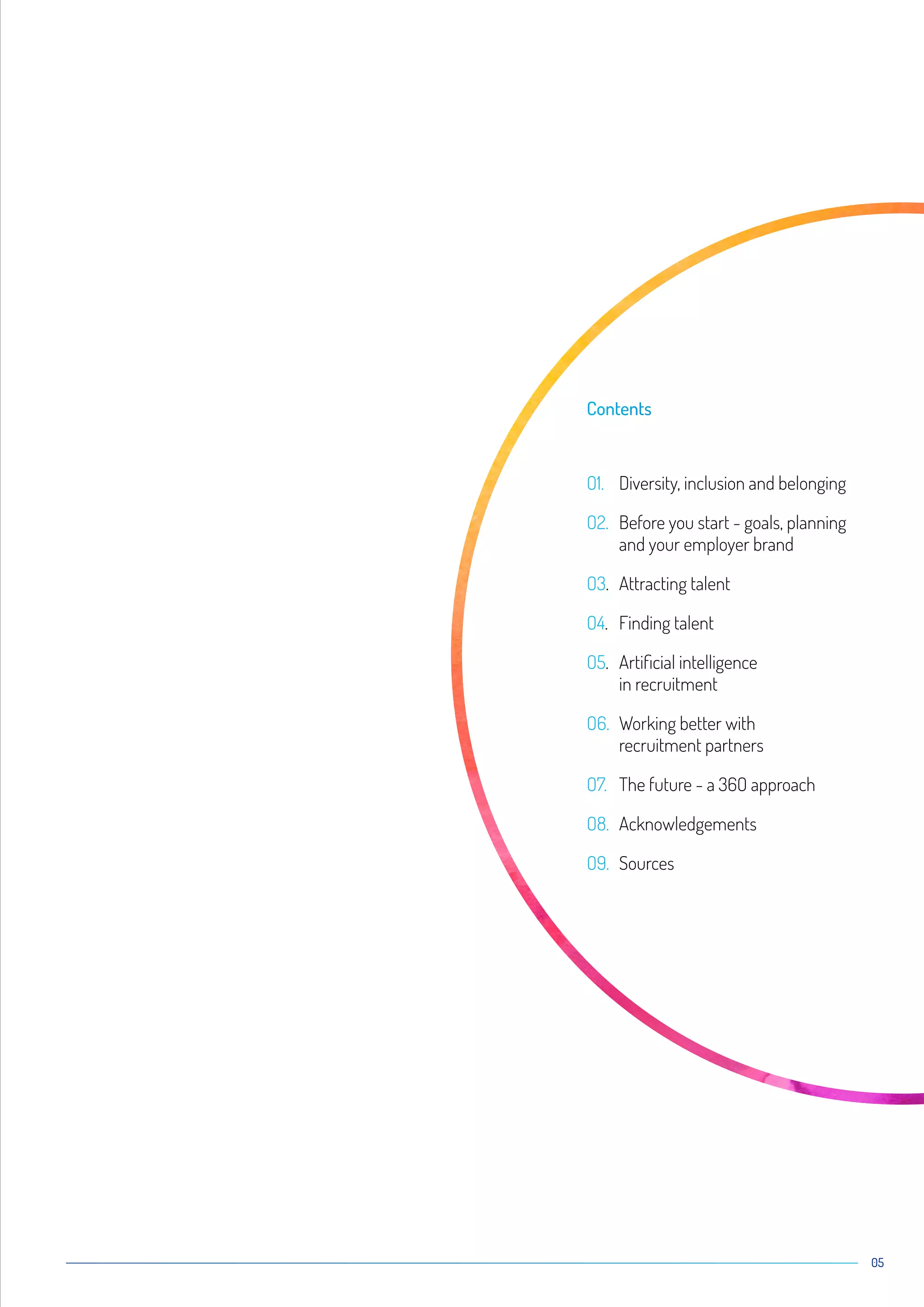 05
Contents
O1.	Diversity, inclusion and belonging
O2.	Before you start - goals, planning
and your employer brand
O3.	Attracting talent
O4.	 Finding talent
O5.	Artificial intelligence
in recruitment
O6.	Working better with
recruitment partners
O7.	The future - a 36O approach
O8.	Acknowledgements
O9.	Sources
 