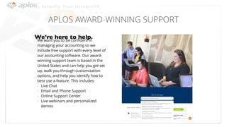 APLOS AWARD-WINNING SUPPORT
We’re here to help.We want you to be conﬁdent in
managing your accounting so we
include free support with every level of
our accounting software. Our award-
winning support team is based in the
United States and can help you get set
up, walk you through customization
options, and help you identify how to
best use a feature. This includes:
- Live Chat
- Email and Phone Support
- Online Support Center
- Live webinars and personalized
demos
 