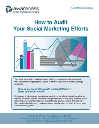 Social Media Marketing




       How to Audit
Your Social Marketing Efforts




This white paper is for marketing teams looking to assess the effectiveness of
their social marketing programs. It aims to answer key social marketing strategy
questions:

    How is my brand doing with social platforms?
    What can we do better?
Companies of all sizes are increasingly scrutinizing social marketing in an effort to
improve the return on their social marketing investment. Conducting objective social
marketing assessments empowers brands to stay focused, nimble and relevant.
Such audits also help savvy marketing teams identify areas of untapped opportunity
for traction and growth.




             How to Audit Your Social Marketing Efforts
      from Awareness, Inc | Creators of the Social Marketing Hub
           @awarenessinc | www.awarenessnetworks.com
 