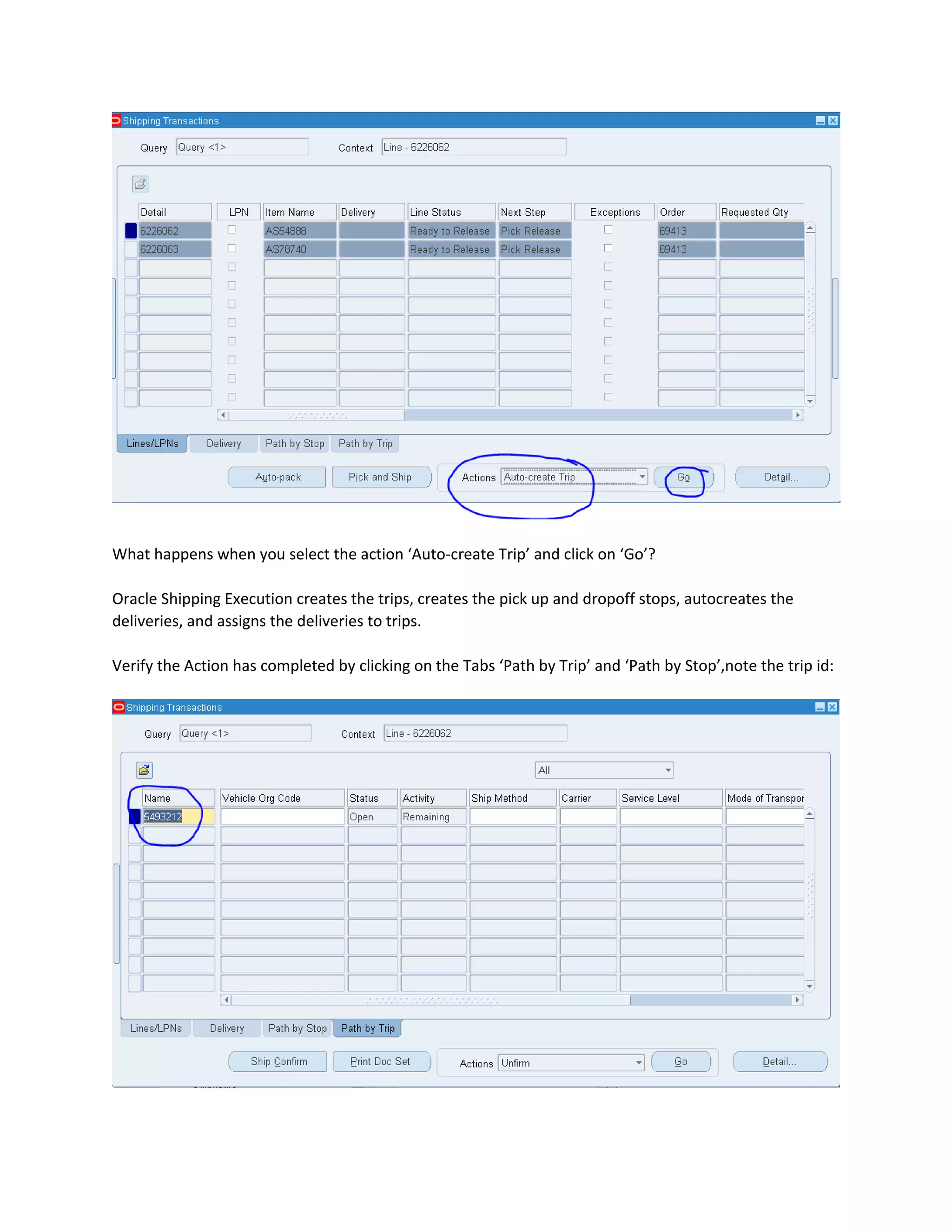 What happens when you select the action ‘Auto-create Trip’ and click on ‘Go’?
Oracle Shipping Execution creates the trips, creates the pick up and dropoff stops, autocreates the
deliveries, and assigns the deliveries to trips.
Verify the Action has completed by clicking on the Tabs ‘Path by Trip’ and ‘Path by Stop’,note the trip id:
 