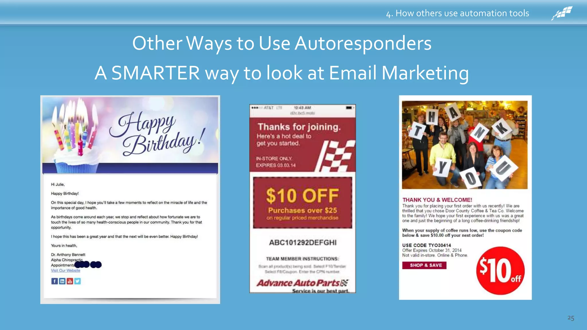 25
4. How others use automation tools
OtherWays to Use Autoresponders
A SMARTER way to look at Email Marketing
 