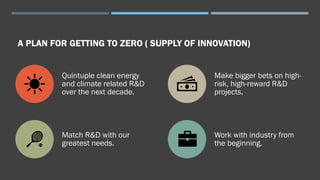 A PLAN FOR GETTING TO ZERO ( SUPPLY OF INNOVATION)
Quintuple clean energy
and climate related R&D
over the next decade.
Make bigger bets on high-
risk, high-reward R&D
projects.
Match R&D with our
greatest needs.
Work with industry from
the beginning.
 