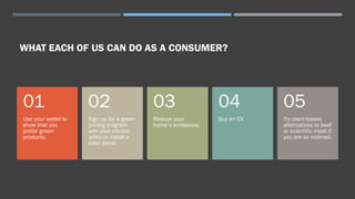WHAT EACH OF US CAN DO AS A CONSUMER?
Use your wallet to
show that you
prefer green
products.
01
Sign up for a green
pricing program
with your electric
utility or install a
solar panel.
02
Reduce your
home’s emissions.
03
Buy an EV.
04
Try plant-based
alternatives to beef
or scientific meat if
you are so inclined.
05
 