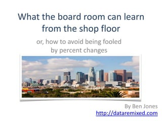 What the board room can learn
     from the shop floor
    or, how to avoid being fooled
         by percent changes




                                   By Ben Jones
                        http://dataremixed.com
 