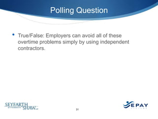 Polling Question


•   True/False: Employers can avoid all of these
    overtime problems simply by using independent
    ...