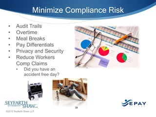 Minimize Compliance Risk
 •      Audit Trails
 •      Overtime
 •      Meal Breaks
 •      Pay Differentials
 •      Priva...