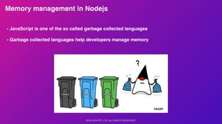 2018 UIZA PTE. LTD. ALL RIGHTS RESERVED.
Memory management in Nodejs
- JavaScript is one of the so called garbage collected languages
- Garbage collected languages help developers manage memory
 