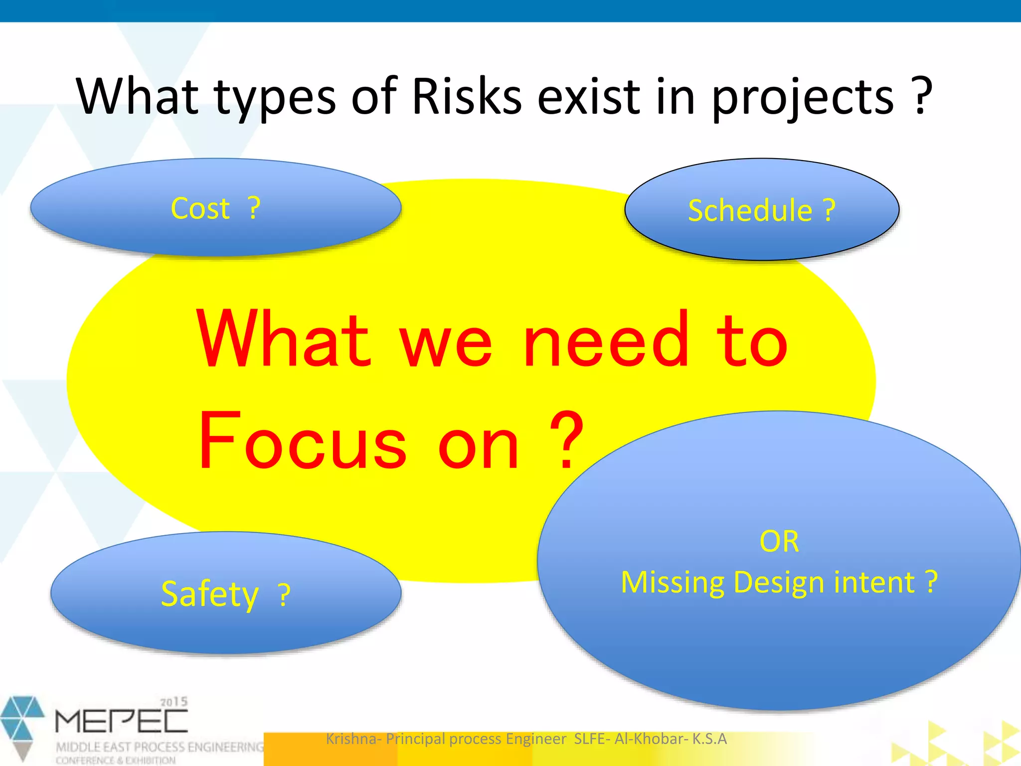 What types of Risks exist in projects ?
What we need to
Focus on ?
Krishna- Principal process Engineer SLFE- Al-Khobar- K.S.A
Cost ? Schedule ?
Safety ?
OR
Missing Design intent ?
 