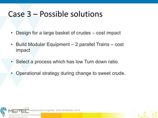 Case 3 – Possible solutions
• Design for a large basket of crudes – cost impact
• Build Modular Equipment – 2 parallel Trains – cost
impact
• Select a process which has low Turn down ratio.
• Operational strategy during change to sweet crude.
Krishna- Principal process Engineer SLFE- Al-Khobar- K.S.A
 