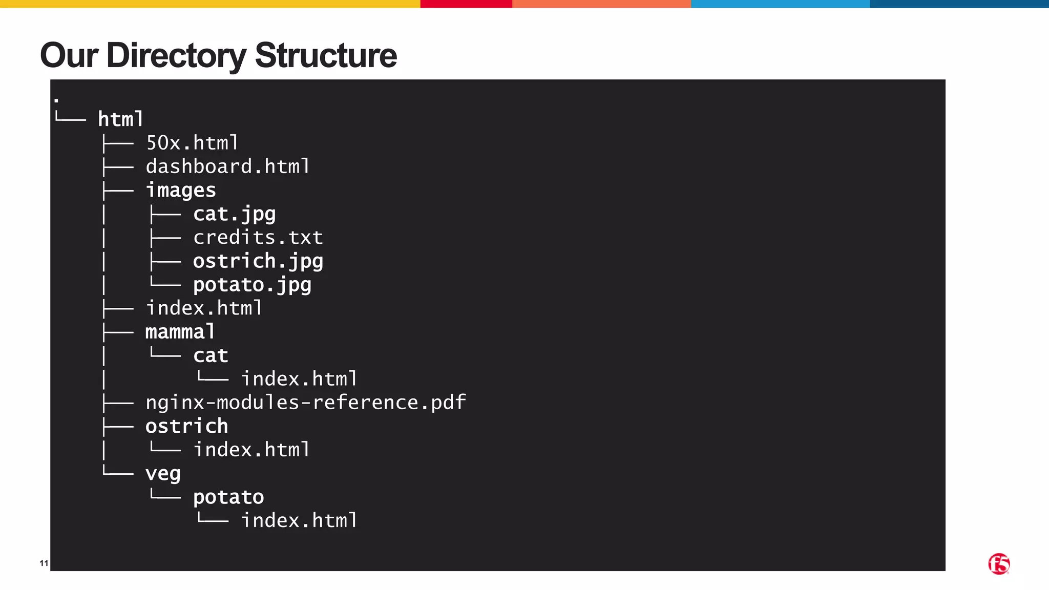 ©2022 F5
11
Our Directory Structure
.
└── html
├── 50x.html
├── dashboard.html
├── images
│ ├── cat.jpg
│ ├── credits.txt
│ ├── ostrich.jpg
│ └── potato.jpg
├── index.html
├── mammal
│ └── cat
│ └── index.html
├── nginx-modules-reference.pdf
├── ostrich
│ └── index.html
└── veg
└── potato
└── index.html
 