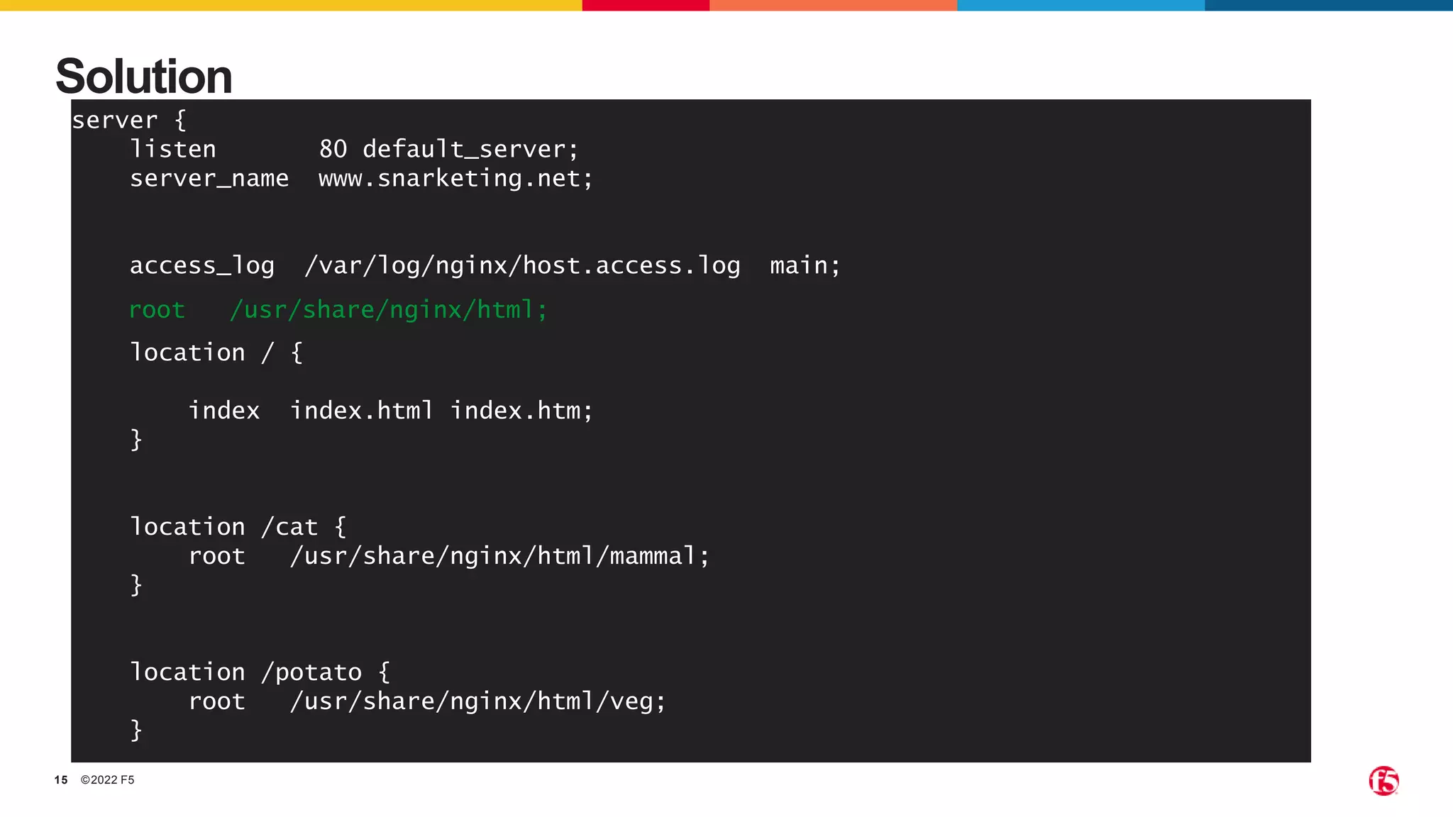 ©2022 F5
15
Solution
server {
listen 80 default_server;
server_name www.snarketing.net;
access_log /var/log/nginx/host.access.log main;
location / {
root /usr/share/nginx/html;
index index.html index.htm;
}
location /cat {
root /usr/share/nginx/html/mammal;
}
location /potato {
root /usr/share/nginx/html/veg;
}
…
root /usr/share/nginx/html;
 
