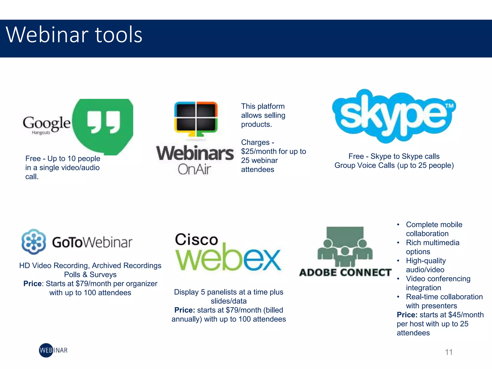 11
Webinar tools
Free - Up to 10 people
in a single video/audio
call.
This platform
allows selling
products.
Charges -
$25/month for up to
25 webinar
attendees
Free - Skype to Skype calls
Group Voice Calls (up to 25 people)
HD Video Recording, Archived Recordings
Polls & Surveys
Price: Starts at $79/month per organizer
with up to 100 attendees Display 5 panelists at a time plus
slides/data
Price: starts at $79/month (billed
annually) with up to 100 attendees
• Complete mobile
collaboration
• Rich multimedia
options
• High-quality
audio/video
• Video conferencing
integration
• Real-time collaboration
with presenters
Price: starts at $45/month
per host with up to 25
attendees
 