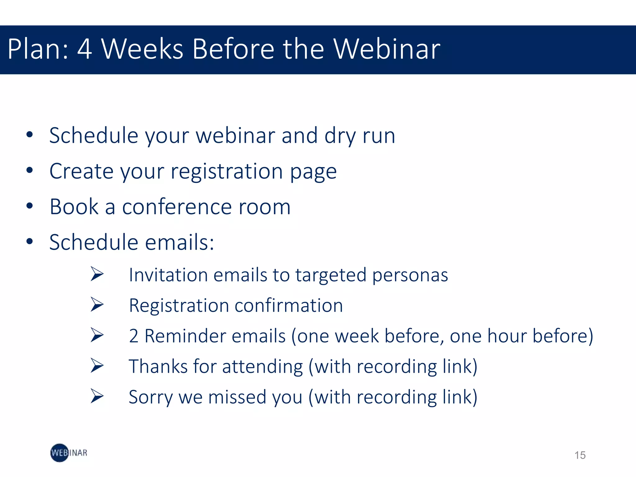 • Schedule your webinar and dry run
• Create your registration page
• Book a conference room
• Schedule emails:
 Invitation emails to targeted personas
 Registration confirmation
 2 Reminder emails (one week before, one hour before)
 Thanks for attending (with recording link)
 Sorry we missed you (with recording link)
Plan: 4 Weeks Before the Webinar
15
 