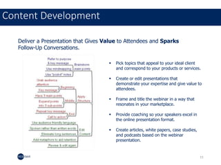 11
Content Development
11
Deliver a Presentation that Gives Value to Attendees and Sparks
Follow-Up Conversations.
 Pick ...