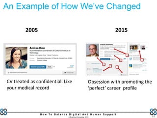 H o w T o B a l a n c e D i g i t a l A n d H u m a n S u p p o r t
© Brainfood Consulting 2016 12
An Example of How We’ve Changed
2005 2015
CV treated as confidential. Like
your medical record
Obsession with promoting the
‘perfect’ career profile
 
