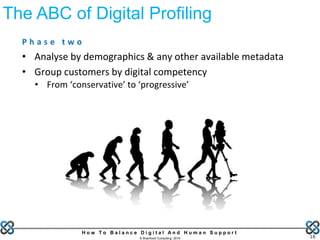 H o w T o B a l a n c e D i g i t a l A n d H u m a n S u p p o r t
© Brainfood Consulting 2016 16
P h a s e t w o
• Analyse by demographics & any other available metadata
• Group customers by digital competency
• From ‘conservative’ to ‘progressive’
The ABC of Digital Profiling
 