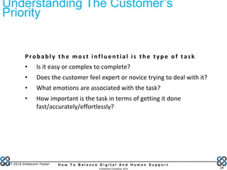 H o w T o B a l a n c e D i g i t a l A n d H u m a n S u p p o r t
© Brainfood Consulting 2016 28
Prob ab ly th e mos t in flu en tial is th e typ e of tas k
• Is it easy or complex to complete?
• Does the customer feel expert or novice trying to deal with it?
• What emotions are associated with the task?
• How important is the task in terms of getting it done
fast/accurately/effortlessly?
07.07.2016 Intelecom Footer
Understanding The Customer’s
Priority
 