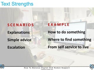 38
H o w T o B a l a n c e D i g i t a l A n d H u m a n S u p p o r t
© Brainfood Consulting 2016
S C E N A R I O S
Explanations
Simple advice
Escalation
E X A M P L E
How to do something
Where to find something
From self service to live
Text Strengths
 