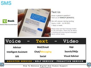 H o w T o B a l a n c e D i g i t a l A n d H u m a n S u p p o r t
© Brainfood Consulting 2016 43
SMS
Advisor
Intelligent Assistant
IVR
Mail/Email
Chat/Messaging
Social
App
Search/FAQs
Visual Advisor
Voice - Text - Video
A S S I S T E D S E R V I C E - S E L F S E R V I C E - P R O A C T I V E S E R V I C E
 