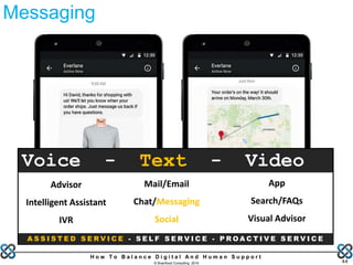 H o w T o B a l a n c e D i g i t a l A n d H u m a n S u p p o r t
© Brainfood Consulting 2016 44
Messaging
Advisor
Intelligent Assistant
IVR
Mail/Email
Chat/Messaging
Social
App
Search/FAQs
Visual Advisor
Voice - Text - Video
A S S I S T E D S E R V I C E - S E L F S E R V I C E - P R O A C T I V E S E R V I C E
 