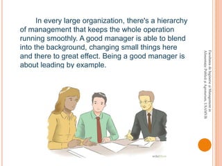 FacultateadeInginerieşiManagementin
AlimentaţiePublicăşiAgroturism,USAMVB
In every large organization, there's a hierarchy
of management that keeps the whole operation
running smoothly. A good manager is able to blend
into the background, changing small things here
and there to great effect. Being a good manager is
about leading by example.
 