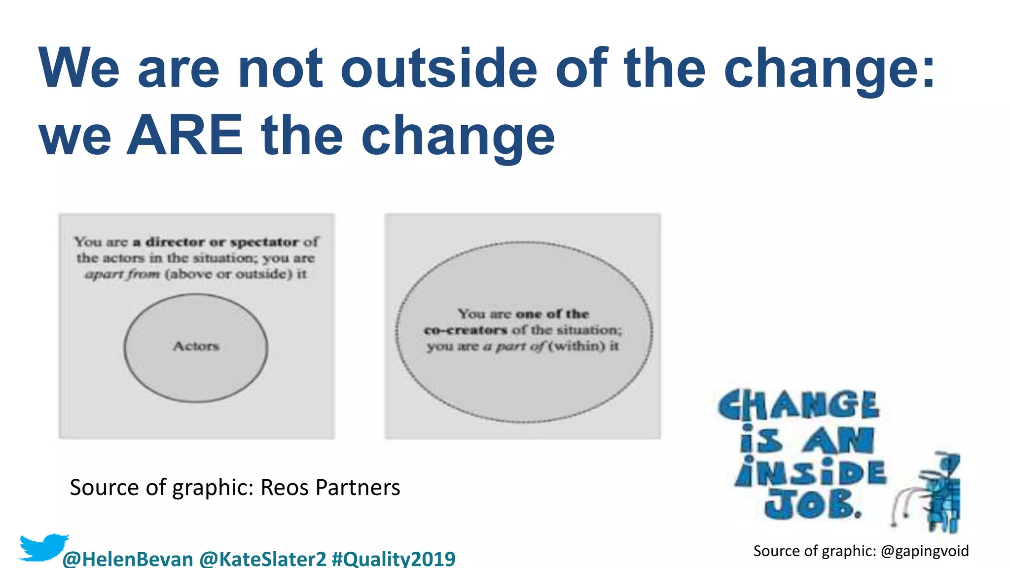 We are not outside of the change:
we ARE the change
Source of graphic: Reos Partners
Source of graphic: @gapingvoid
@HelenBevan @KateSlater2 #Quality2019
 