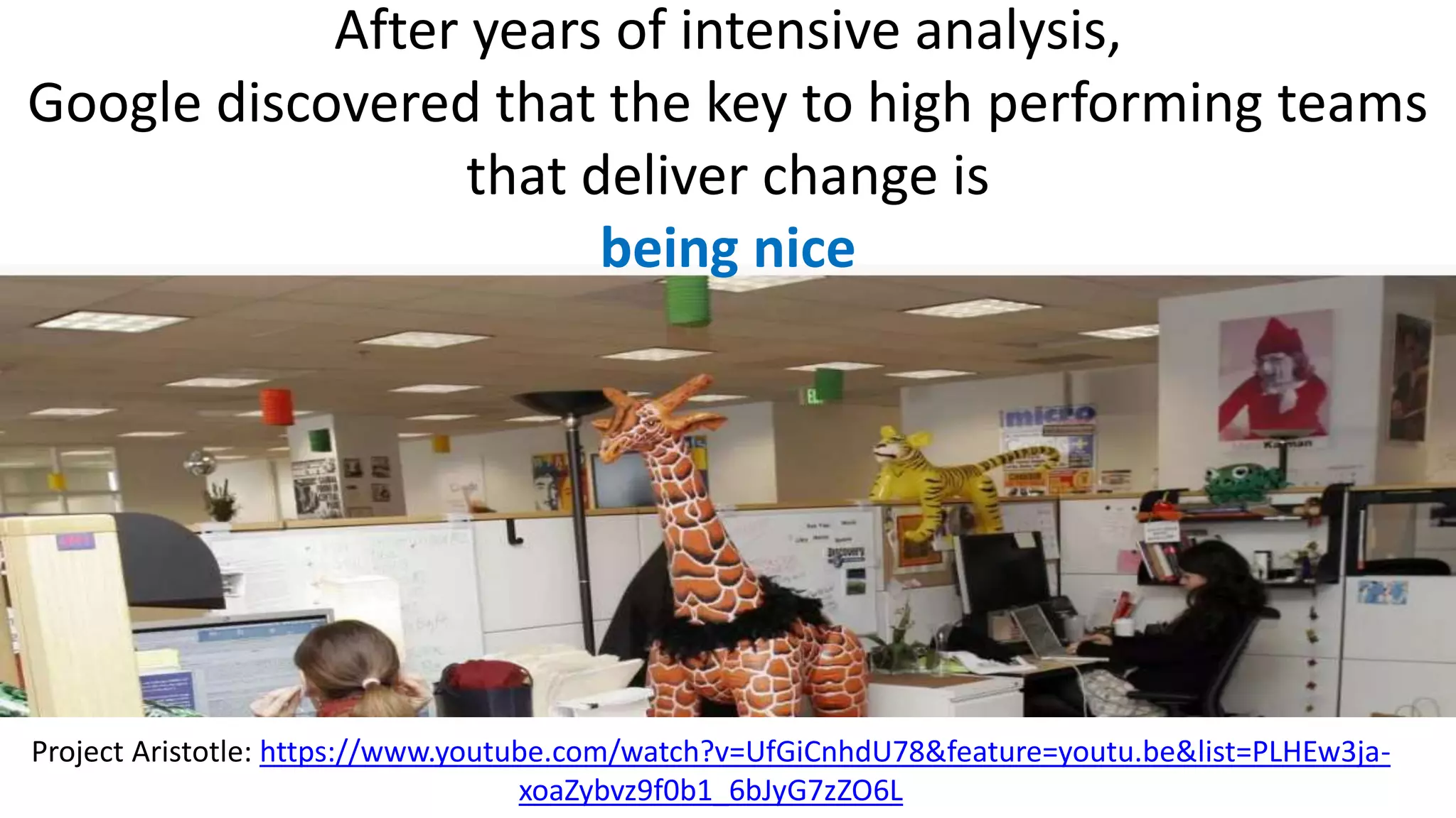 After years of intensive analysis,
Google discovered that the key to high performing teams
that deliver change is
being nice
Project Aristotle: https://www.youtube.com/watch?v=UfGiCnhdU78&feature=youtu.be&list=PLHEw3ja-
xoaZybvz9f0b1_6bJyG7zZO6L
 