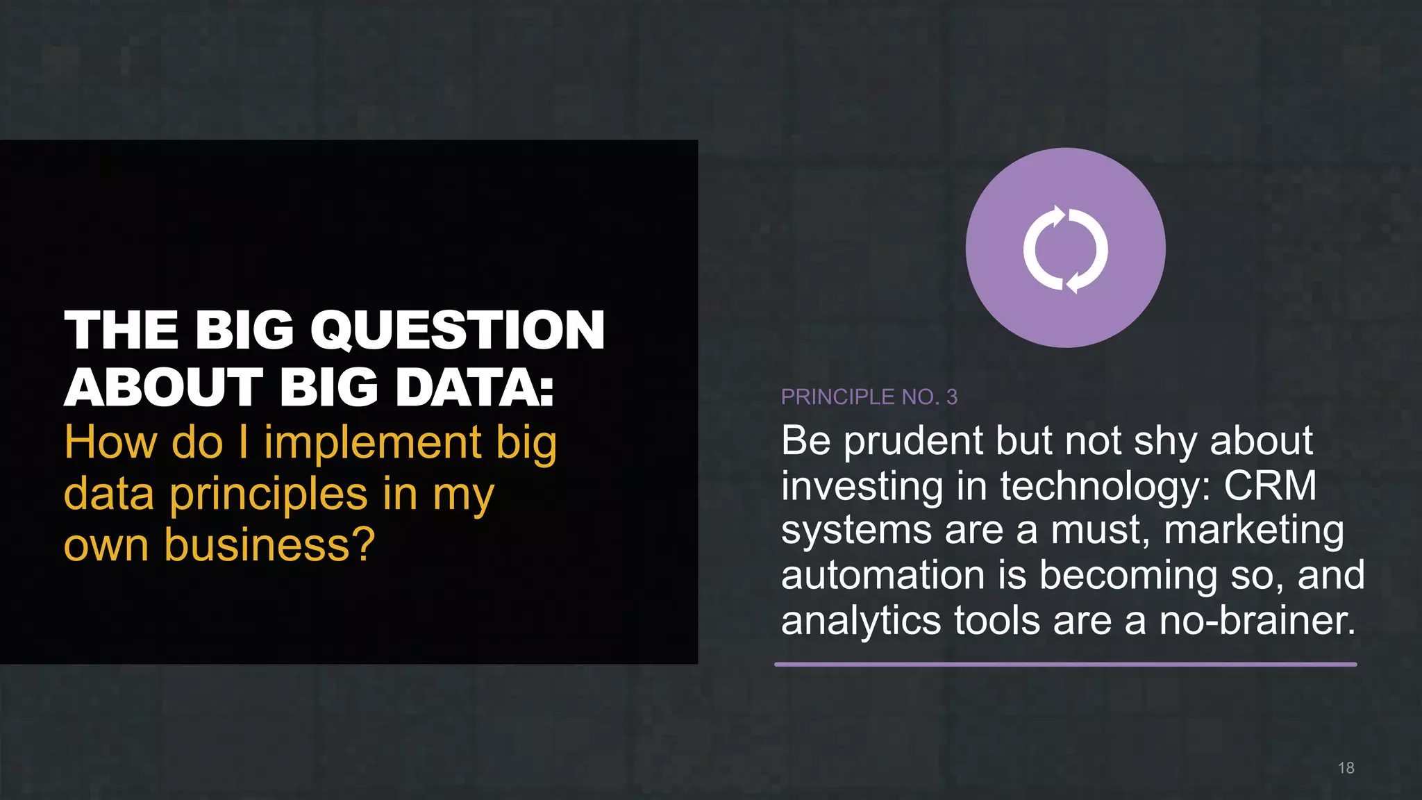 THE BIG QUESTION
ABOUT BIG DATA:
How do I implement big
data principles in my
own business?
18
PRINCIPLE NO. 3
Be prudent but not shy about
investing in technology: CRM
systems are a must, marketing
automation is becoming so, and
analytics tools are a no-brainer.
 