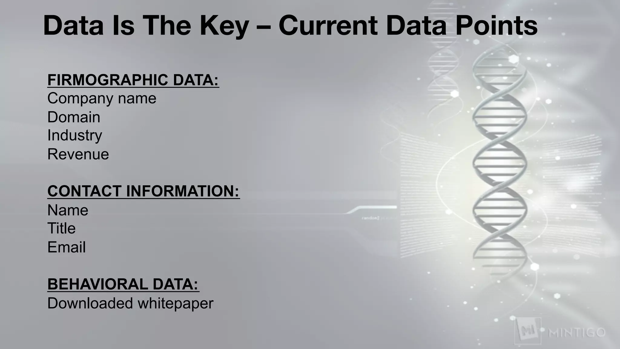 FIRMOGRAPHIC DATA:
Company name
Domain
Industry
Revenue
CONTACT INFORMATION:
Name
Title
Email
BEHAVIORAL DATA:
Downloaded whitepaper
Data Is The Key – Current Data Points
 