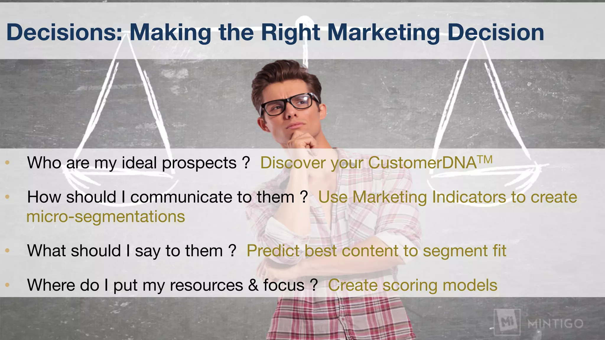•  Who are my ideal prospects ? Discover your CustomerDNATM
•  How should I communicate to them ? Use Marketing Indicators to create
micro-segmentations
•  What should I say to them ? Predict best content to segment ﬁt 
•  Where do I put my resources & focus ? Create scoring models 
Decisions: Making the Right Marketing Decision
 