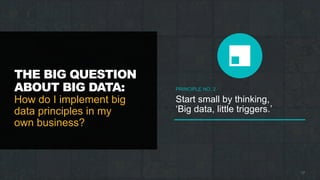 THE BIG QUESTION
ABOUT BIG DATA:
How do I implement big
data principles in my
own business?
17
PRINCIPLE NO. 2
Start small by thinking,
‘Big data, little triggers.’
 