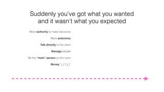Suddenly you've got what you wanted
and it wasn't what you expected
More authority to make decisions
More autonomy
Talk directly to the client
Manage people
Be the “main” person on the room
Money ¯_(ツ)_/¯
 