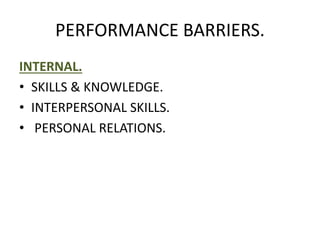 PERFORMANCE BARRIERS.
INTERNAL.
• SKILLS & KNOWLEDGE.
• INTERPERSONAL SKILLS.
• PERSONAL RELATIONS.
 