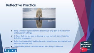  Being a reflective practitioner is becoming a large part of most careers
and education settings.
 It shows that you are able to develop in your own role as well as show
definitive progression.
 Reflection is essentially looking back at a situation and working out how
you could improve on it.
 The following slide is the Gibbs Reflective Cycle you could use.
Reflective Practice
 