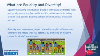 Equality is ensuring individuals or groups of individuals are treated fairly
and equally and no less favourably, specific to their needs, including
areas of race, gender, disability, religion or belief, sexual orientation
and age.
Diversity aims to recognise, respect and value people’s differences to
contribute and realise their full potential by promoting an inclusive
culture for all staff and students.
What are Equality and Diversity?
 
