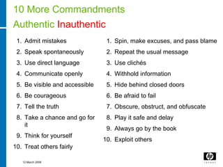 10 More Commandments
Authentic Inauthentic
 1. Admit mistakes               1. Spin, make excuses, and pass blame
 2. Spea...