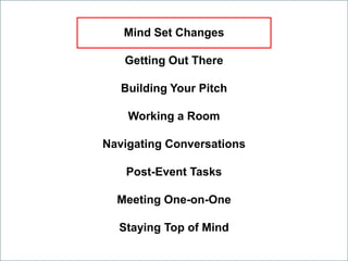 Mind Set Changes
Getting Out There
Building Your Pitch
Working a Room
Navigating Conversations
Post-Event Tasks
Meeting One-on-One
Staying Top of Mind
 